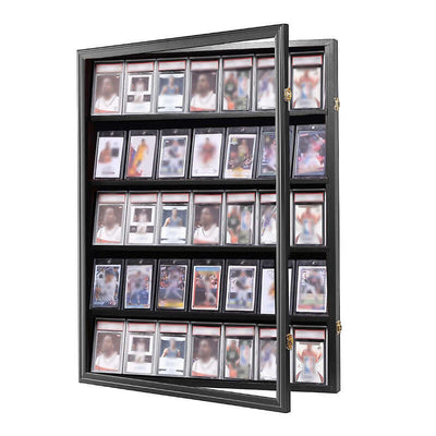 Display case for cards featuring acrylic UV front and five removable shelves, ideal for card protection.